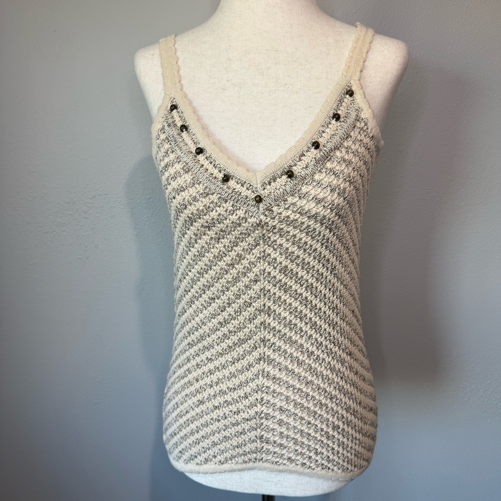 100% Cotton Liz Claiborne Cream and Taupe Knit Tank Top with Accent Beads - Picture 2 of 4